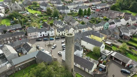 Scottish Round Tower Drone Clip Elevating, Abernethy 11th Century 4K Video stock 145923876