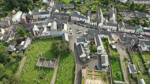 Scottish Round Tower Drone Clip, Abernethy 11th Century with Landscape 4K Stock Footage 145923945