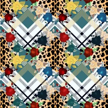 Scottish tartan grunge seamless pattern with leopard skin spots and colorful Stock Illustration