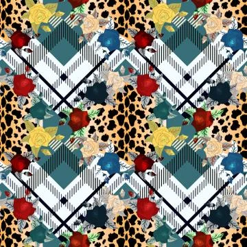 Scottish tartan grunge seamless pattern with leopard skin spots and colorful Stock Illustration