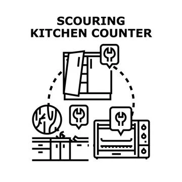 Scouring kitchen counter maintenance and cleaning tasks Stock Illustration