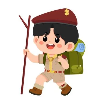Scout Boy Hiking With Backpack and Walking Stick Stock Illustration
