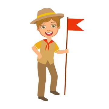 Scout boy with red flag dressed in uniform, a colorful character Stock Illustration