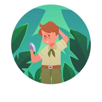 Scout boys exploring compass in the forest, vector tourism hiking orientation Stock Illustration