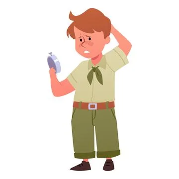 Scout boys exploring compass, vector tourism hiking orientation to the direction Stock Illustration