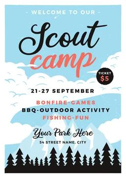 Scout camp flyer A4 format. Camping Adventure poster graphic design with Stockillustratie