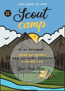 Scout camp flyer A4 format. Camping Adventure poster graphic design with outdoor Stock Illustration