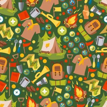 Scout camp icons in seamless pattern, vector illustration. Set of isolated Illustrazione stock