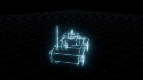 Scout car hologram wireframe technical drawing turntable 3D animation seamless 스톡 동영상 342241004