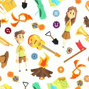Scout Seamless Pattern with Camping Hiking Equipment and Children in Scout Stock Illustration