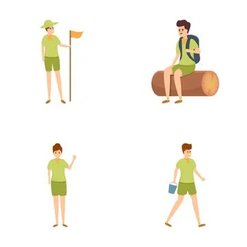 Scouting icons set cartoon vector. Children outdoor scout summer activity Stock Illustration