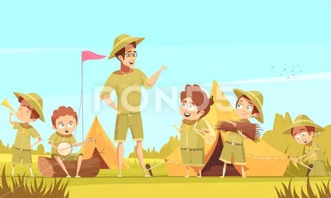 Scouts Camping Retro Cartoon Poster Stock Illustration