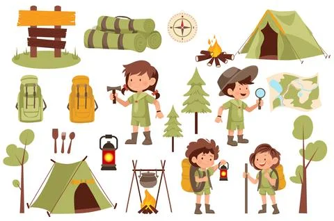 Scouts Camping Set Elements 스톡 일러스트