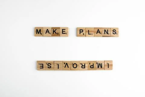 Scrabble tiles concept plans versus improvisation Stock Photos