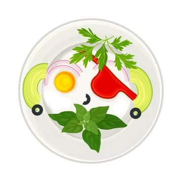 Scrambled Egg and Green Leafy Vegetables Arranged in the Shape of Pirate Face on Stock Illustration