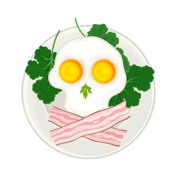 Scrambled Egg and Sliced Bacon Arranged in the Shape of Skull and Cross Bones Stock Illustration