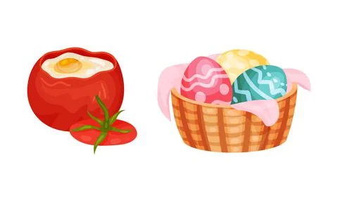 Scrambled Egg in Bell Pepper and Decorated Easter Eggs in Wicker Basket Vector Stock Illustration