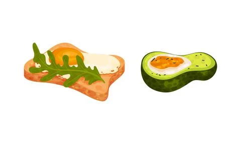 Scrambled Egg on Bread Slice and Avocado Vector Set 스톡 일러스트