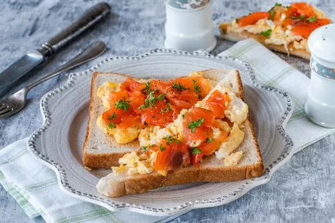 Scrambled egg on toast Stock Photos