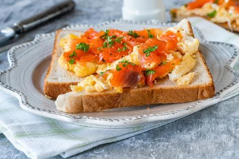Scrambled egg on toast Stock Photos