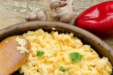 Scrambled eggs and garlic Stock Photos