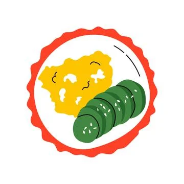 Scrambled eggs and sliced fresh avocado on a plate healthy breakfast doodle i Stock Illustration
