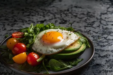 Scrambled eggs and vegetable salad. Neural network AI generated Stock Photos