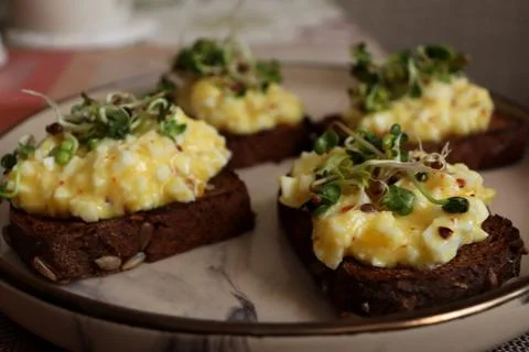 Scrambled eggs on dark bread with sprouts served on a plate in a casual dining Stock Photos