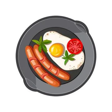 Scrambled eggs in a deep frying pan. Fried sausages with eggs. Healthy dinner Illustrazione stock