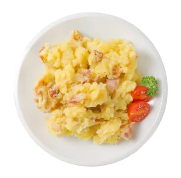 Scrambled eggs with ham and cherry tomatoes Stock Photos