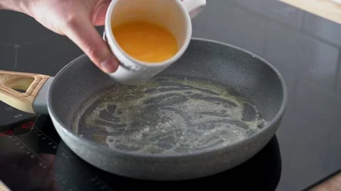 Scrambled eggs, omelette. Cooking breakfast with pan-fried eggs. Preparing food Stock Footage 149300065