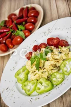Scrambled Eggs With Paprika, Cherry Tomatoes And Celery Leaves, Food Theme