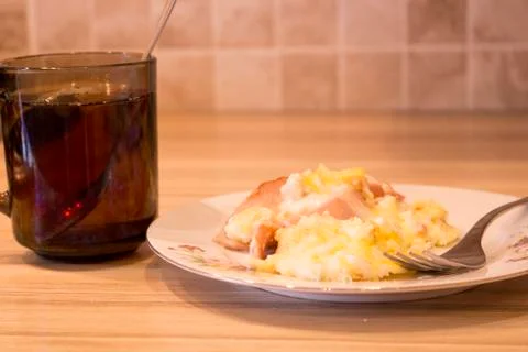 Scrambled eggs on plate, close-up, Breakfast Stock Photos