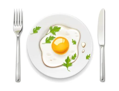 Scrambled eggs. Plate, fork and knife. Breakfast serving Stock-Illustration