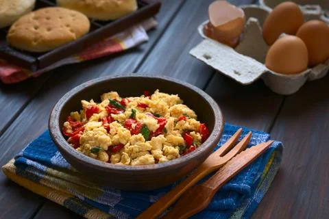 Scrambled Eggs with Red Pepper and Green Onion Stock Photos