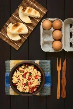 Scrambled Eggs with Red Pepper and Green Onion Stock Photos