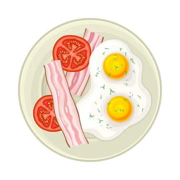 Scrambled Eggs Served on Plate with Sliced Bacon and Tomatoes Vector Stock Illustration