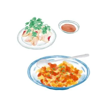 Scrambled Eggs with Tomatoes and chopped unflavored cold chicken Stock Illustration