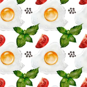 Scrambled eggs watercolor pattern. Hand drawn seamless eggs with tomatoes and Illustrazione stock
