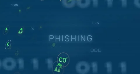 Scrambled letters morphing into PHISHING as neon icons rotating and pulsing Stock Footage 310664905