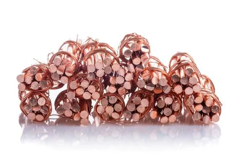 Scrap of copper wire on white background, energy and secondary Stock Photos