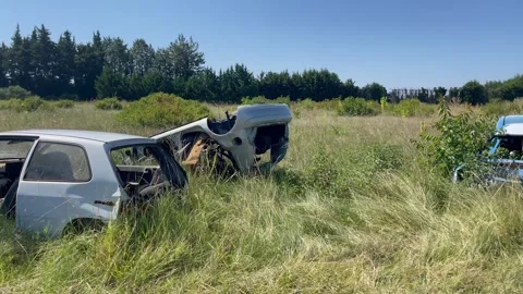 Scrap derelict vehicles in landscape Stock Footage 250612466