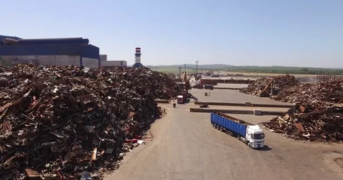 Scrap heap, unloading of scrap metal factory, view from above, cover shot Stock Footage 73191038