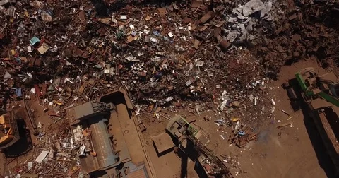 Scrap heap, unloading of scrap metal factory, view from above, cover shot Stock Footage 73193022