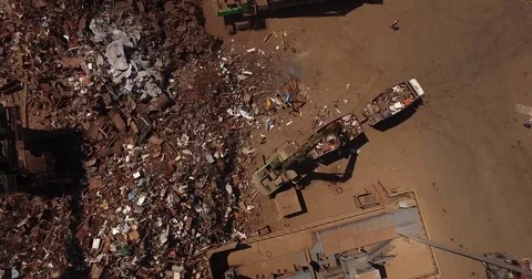 Scrap heap, unloading of scrap metal factory, view from above, cover shot, metal Stock Footage 73193676