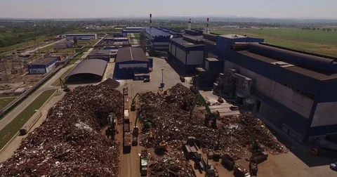 Scrap heap unloading of scrap metal factory, view from above Stock Footage 73197287