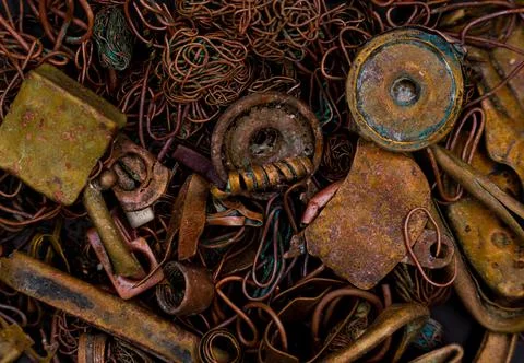 A scrap of an old wired and sheet copper material from a recycling company in Stock Photos