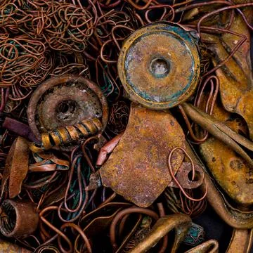 A scrap of an old wired and sheet copper material from a recycling company in Foto stock