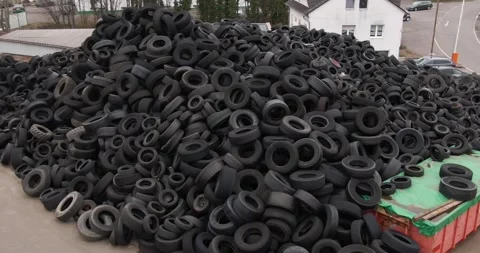 Scrap Tires Piled At A Recycling Yard, Outdoor Storage Site, High Angle View Stock Footage 340646529