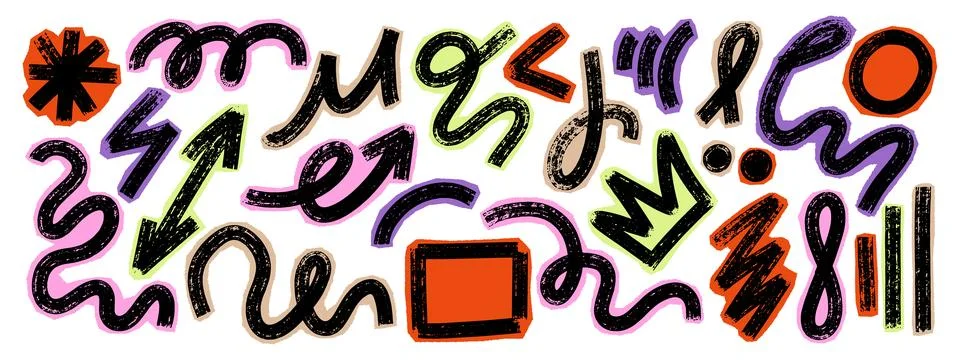 Scrapbook bold brush squiggle set with thick hand drawn wavy doodle lines, .. Stock Illustration